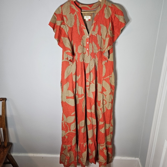 Anthropologie Maeve Cassandra Pleated Ruffle Floral Dress Orange Tan S Small - Picture 1 of 10